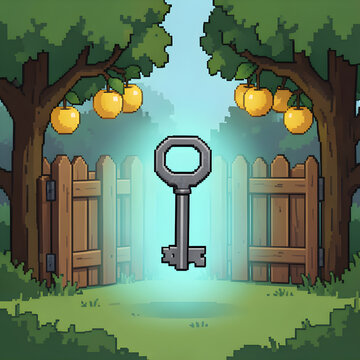 Abandoned orchard gate with a glowing key