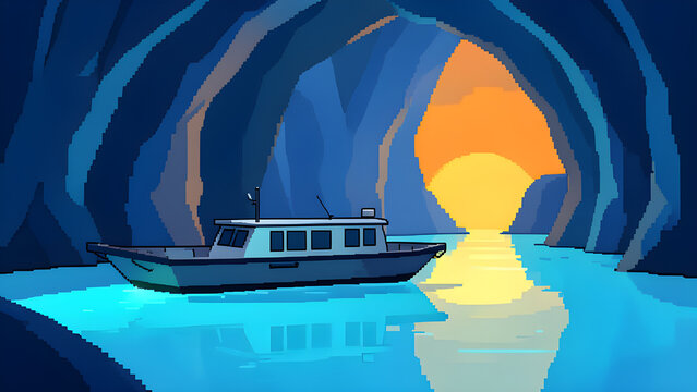 Tiny ferry crossing a luminous underground lake