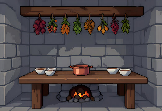 Castle kitchen with a copper soup pot