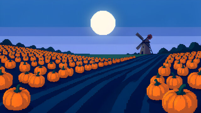 Moonlit pumpkin field with a distant windmill
