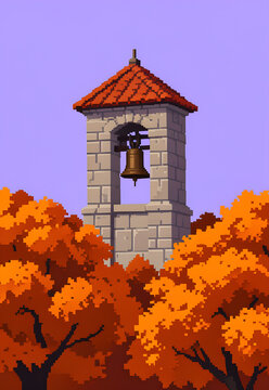 Old bell tower above a carpet of orange trees