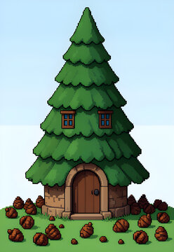 Enormous pine cone tower in a forest clearing