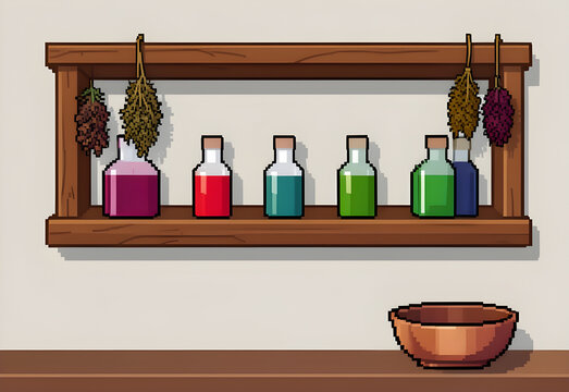Apothecary shelves with colorful stoppered bottles