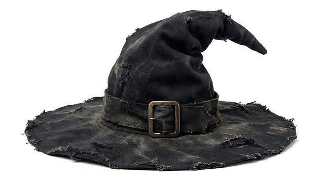 Aged witch hat with ragged fabric and metal buckle isolated on white background