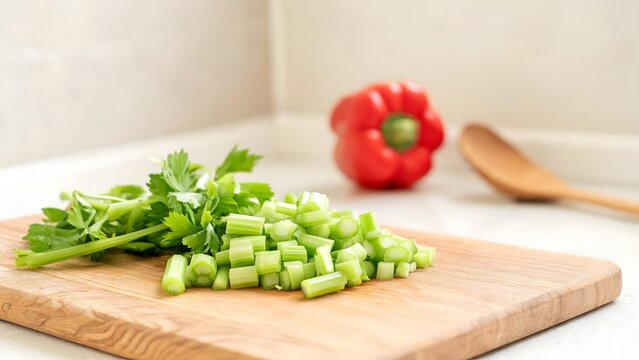 Chopped Fresh Celery on Wooden Cutting Board with Red Bell Pepper