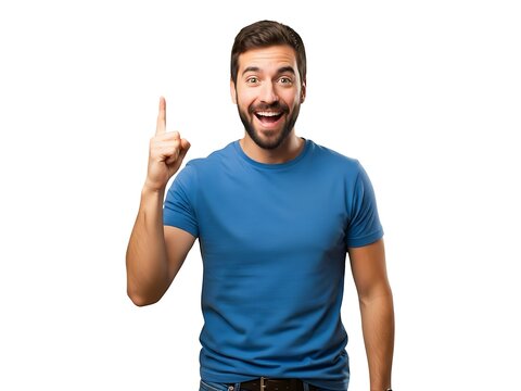 Excited man in blue t-shirt pointing his finger upward to show an idea
