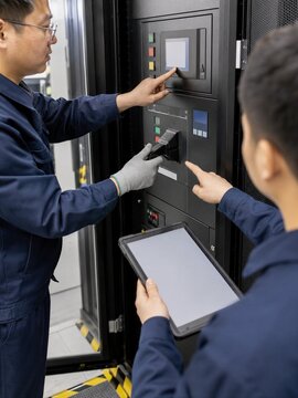 Technicians Inspecting Industrial Control Panel with Tablet