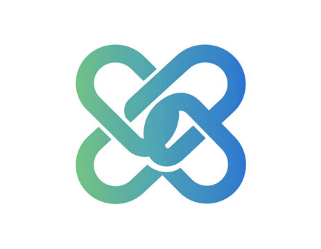 Abstract interlocking knot logo with blue green gradient on black