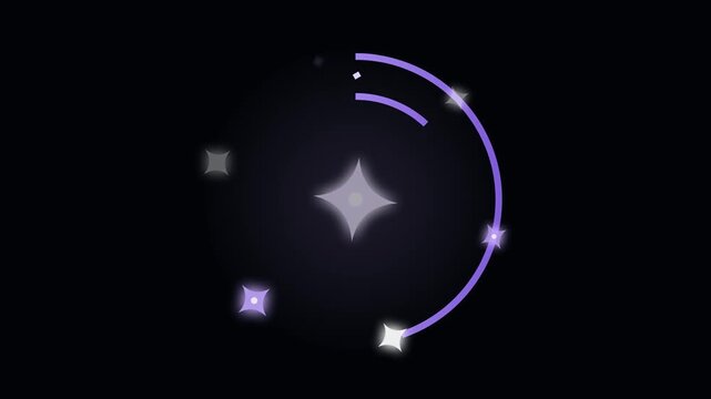 Purple Abstract Orbit Logo with Sparkles on Black Background
