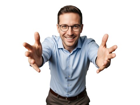 Friendly young man in light blue shirt reaching forward with open hands