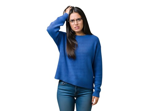 Young woman wearing a blue sweater looking confused with her hand on her head