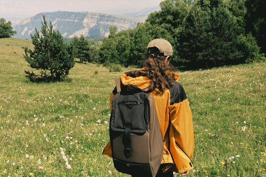 Person walks in a field with flowers and mountains in the background