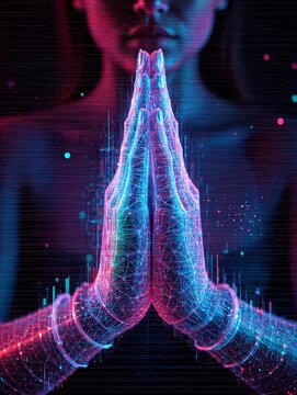 Digital Prayer Hands in Neon Lights