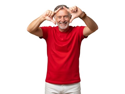 A mature man in a red t-shirt making a frame gesture with his hands