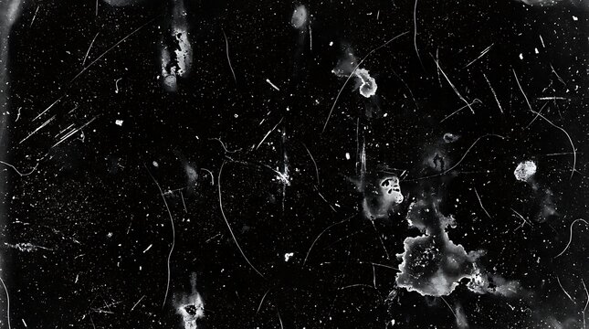 Old damaged film negative texture with scratches, dust spots, and grain on a dark background for vintage effects