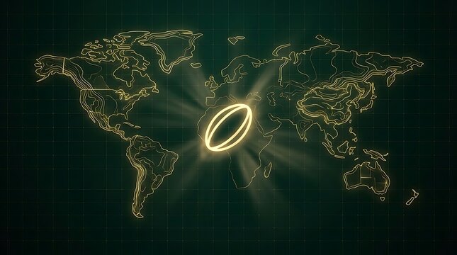 Glowing rugby ball icon over a digital world map