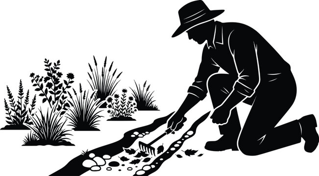 Gardener Raking Garden Bed Leaves and Clearing Pathway Vector Illustration