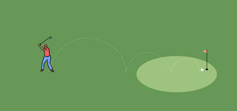 Golf Player Hitting Ball Towards Hole on Green Grass