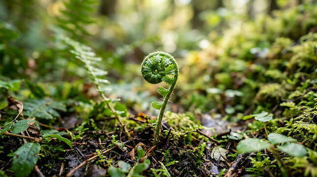 Unfurling fern frond emerging from the lush forest floor