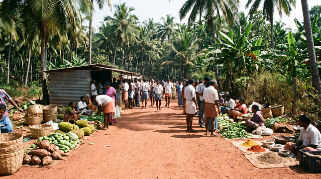 Bustling Rural Village Market in Kerala with Vendors Selling Fresh Produce Along a Dirt Path Framed by Coconut Palms
