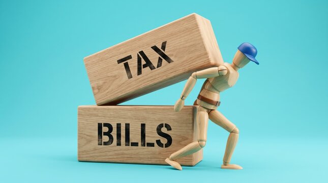 Cartoon figure struggling under heavy tax bills block