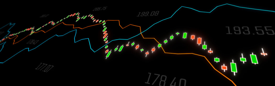 Close-up candle stick chart and two lines graphs, moving average and market data. Investment, making money, moving up and down, strategy, stock market trend, stock trading.