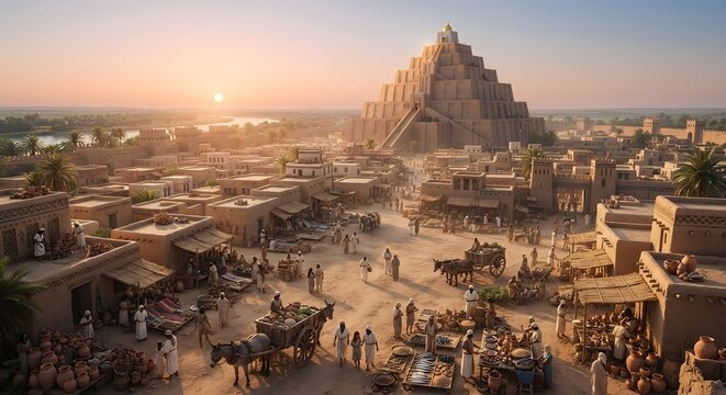 Historical illustration of an ancient trading city in Mesopotamia featuring a magnificent ziggurat pyramid temple, traditional market activities, and a river under sunrise light.