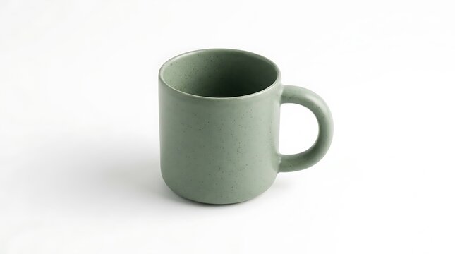 Minimalist green ceramic coffee mug with speckled glaze texture isolated on white background