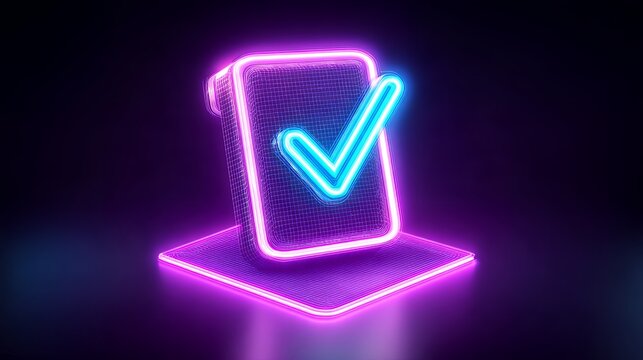 Glowing neon 3d smartphone mobile device icon with checkmark symbol in purple and cyan colors on dark base for successful task completion.