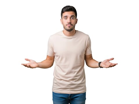 Young man with a confused expression shrugging his shoulders in uncertainty
