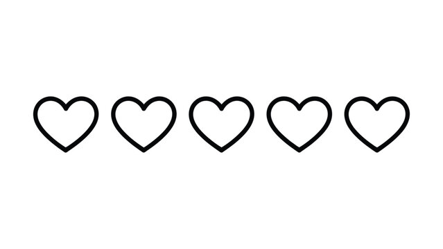 Set of five black outlined hearts symbolizing love affection and emotional connections in a minimalistic style
