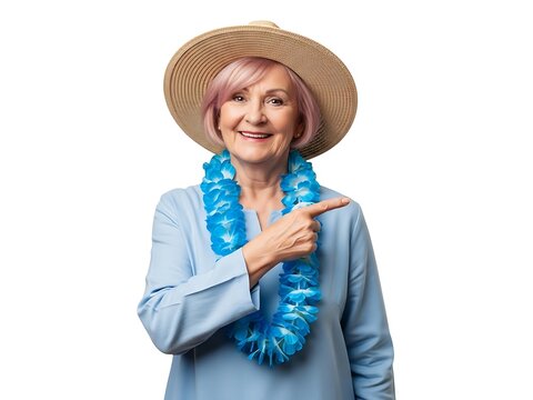 A cheerful senior woman wearing a straw hat and blue lei pointing sideways