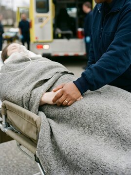 Paramedic holding hand of injured patient on stretcher outside emergency vehicle   