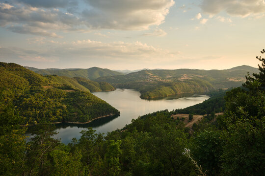 A dam at sunset