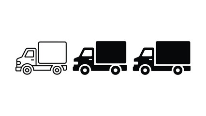Fototapeta premium Set of three delivery trucks in minimalist line art style illustrating transportation vehicles in different filled styles for logistics and shipping concepts