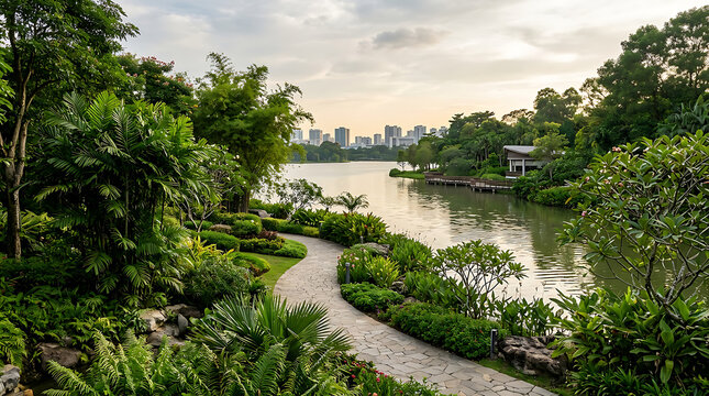 Serene River Pathway Through Lush Green Forest.