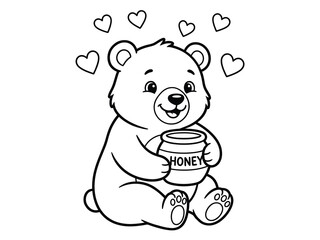 Fototapeta premium Cute cartoon bear holding a jar of honey surrounded by hearts illustration