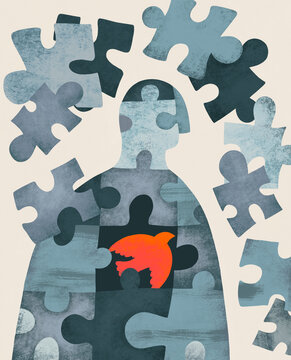 Puzzle pieces surround a figure with a bird shape in the center