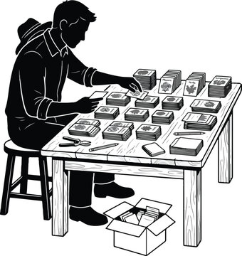 Gardener Sorting Seed Packets and Envelopes at Wooden Table Vector Illustration