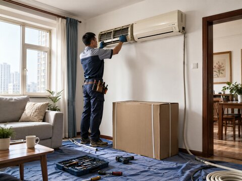Technician Installing Wall-Mounted Air Conditioner in Living Room