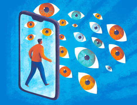Person walking out of phone with many eyes watching