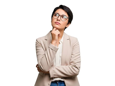 A business woman with short hair and glasses contemplating with deep thought