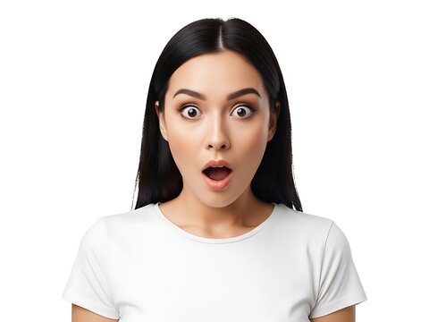 Young woman with long dark hair showing a surprised and shocked expression