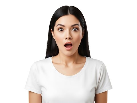 Young woman with long dark hair expressing a look of surprise and shock