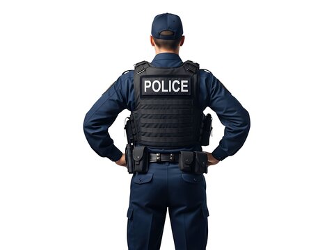 Police officer standing in tactical uniform seen from the back perspective