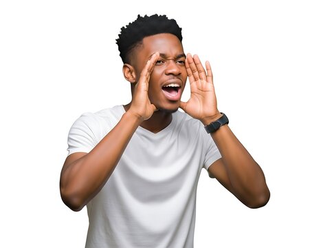 Young african american man shouting loudly with hands cupped around his mouth