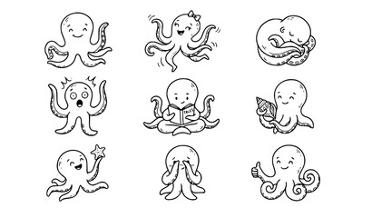 Obraz premium Cartoon octopus characters performing playful activities in minimalist line art style with white background