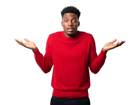 Young african american man wearing a red sweater shrugging his shoulders