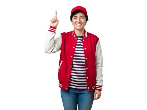 Young woman wearing a red jacket and baseball cap pointing her finger up