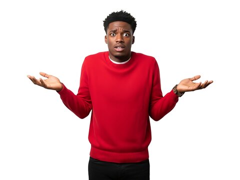 A confused young man wearing a red sweater shrugging his shoulders in doubt